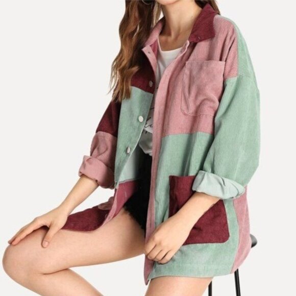 Corduroy Colorblock Shacket Patchwork Womens M Dopamine Dressing Kidcore Shein - Picture 8 of 8